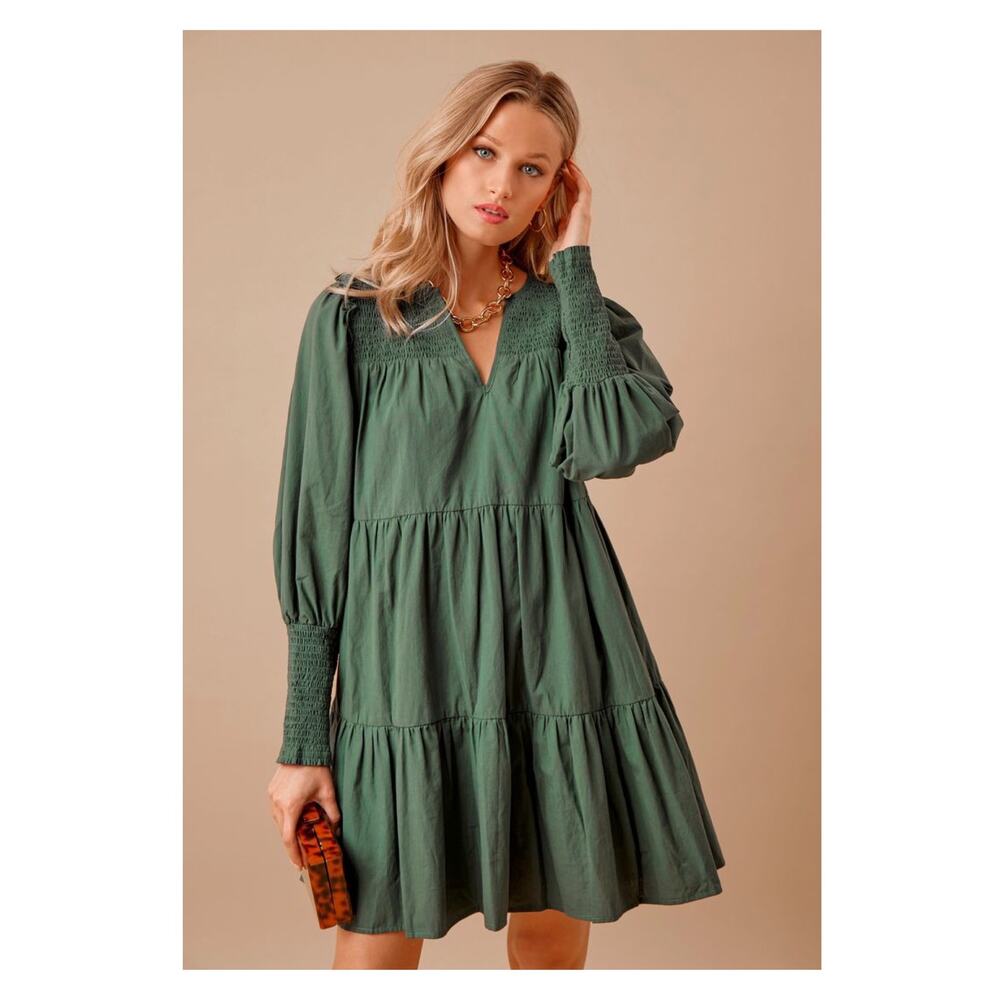 Pomander Place Tuckernuck Green Cotton Tiered Ceci Smocked Mini Dress Sz.S